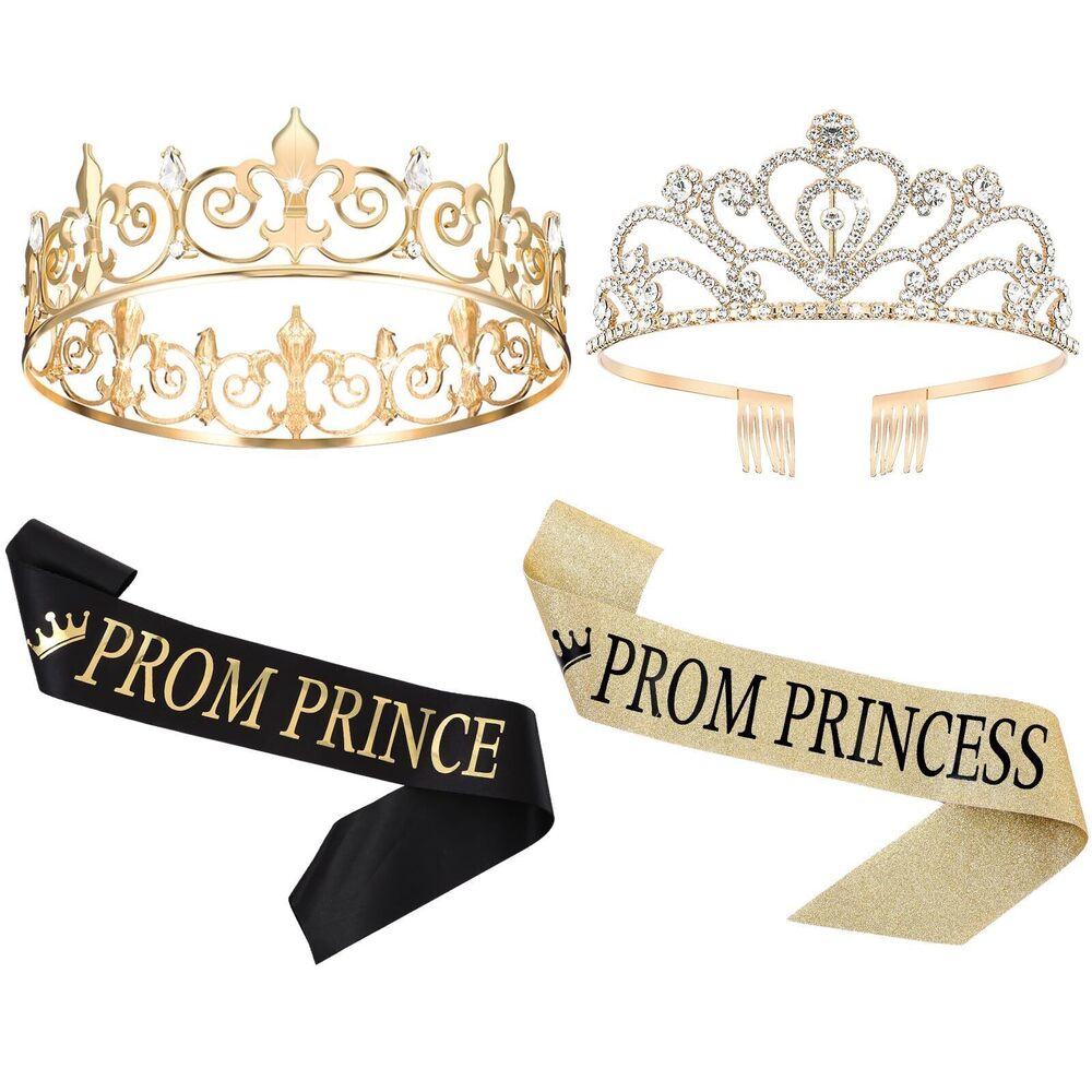 4342 Prom Prince Princess Crown Set with Sashes 80s Prom Party Favors